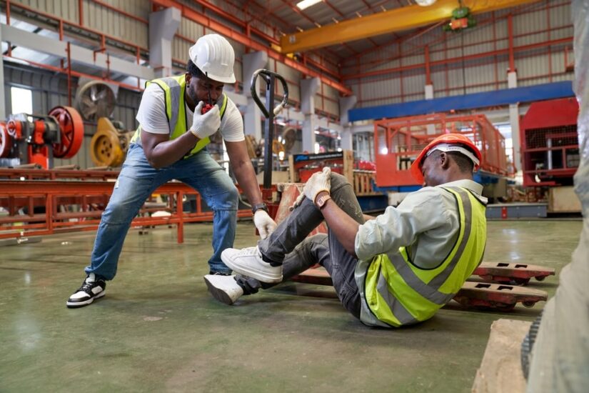 Worker With A Knee Injury Getting Help From Another worker