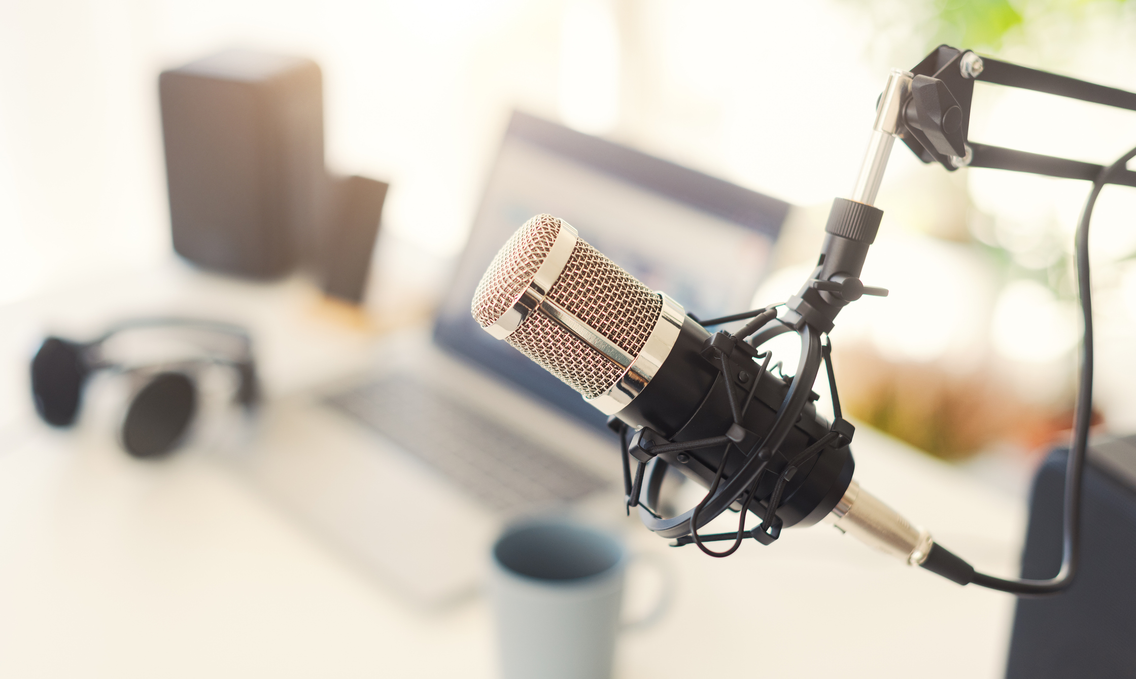 Live online radio broadcasting station desk, entertainment and communication concept